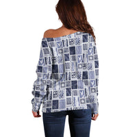 Vintage Aloha Block Quilt Off Shoulder Sweater Blue Inspired Lei Motifs LT9 - Polynesian Pride