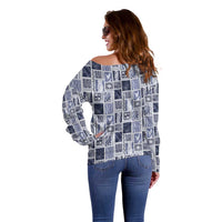 Vintage Aloha Block Quilt Off Shoulder Sweater Blue Inspired Lei Motifs LT9 - Polynesian Pride