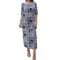 Vintage Aloha Block Quilt Puletasi Blue Inspired Lei Motifs LT9 Long Dress Blue - Polynesian Pride