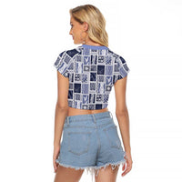 Vintage Aloha Block Quilt Raglan Cropped T Shirt Blue Inspired Lei Motifs LT9 - Polynesian Pride