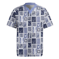 Vintage Aloha Block Quilt Rugby Jersey Blue Inspired Lei Motifs LT9 Blue - Polynesian Pride