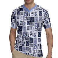 Vintage Aloha Block Quilt Rugby Jersey Blue Inspired Lei Motifs LT9 - Polynesian Pride