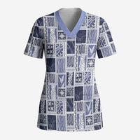 Vintage Aloha Block Quilt Scrub Top Blue Inspired Lei Motifs - Polynesian Pride
