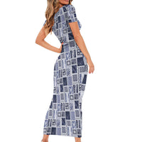 Vintage Aloha Block Quilt Short Sleeve Bodycon Dress Blue Inspired Lei Motifs - Polynesian Pride