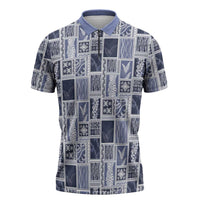 Vintage Aloha Block Quilt Zipper Polo Shirt Blue Inspired Lei Motifs LT9 Blue - Polynesian Pride