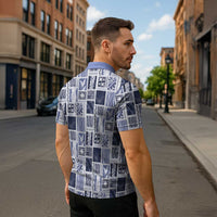 Vintage Aloha Block Quilt Zipper Polo Shirt Blue Inspired Lei Motifs LT9 - Polynesian Pride