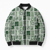 Vintage Aloha Block Quilt Bomber Puffer Jacket Green Inspired Lei Motifs - Polynesian Pride