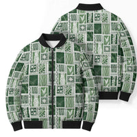 Vintage Aloha Block Quilt Bomber Puffer Jacket Green Inspired Lei Motifs - Polynesian Pride