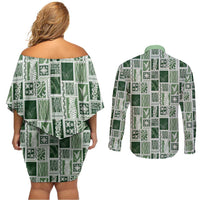 Vintage Aloha Block Quilt Couples Matching Off Shoulder Short Dress and Long Sleeve Button Shirt Green Inspired Lei Motifs - Polynesian Pride