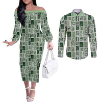 Vintage Aloha Block Quilt Couples Matching Off The Shoulder Long Sleeve Dress and Long Sleeve Button Shirt Green Inspired Lei Motifs - Polynesian Pride