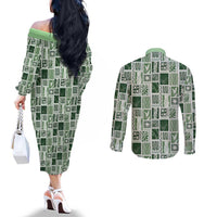 Vintage Aloha Block Quilt Couples Matching Off The Shoulder Long Sleeve Dress and Long Sleeve Button Shirt Green Inspired Lei Motifs - Polynesian Pride