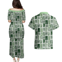Vintage Aloha Block Quilt Couples Matching Puletasi and Hawaiian Shirt Green Inspired Lei Motifs - Polynesian Pride