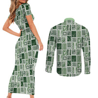 Vintage Aloha Block Quilt Couples Matching Short Sleeve Bodycon Dress and Long Sleeve Button Shirt Green Inspired Lei Motifs - Polynesian Pride