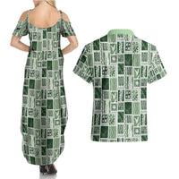 Vintage Aloha Block Quilt Couples Matching Summer Maxi Dress and Hawaiian Shirt Green Inspired Lei Motifs - Polynesian Pride