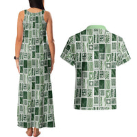 Vintage Aloha Block Quilt Couples Matching Tank Maxi Dress and Hawaiian Shirt Green Inspired Lei Motifs - Polynesian Pride
