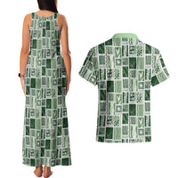 Vintage Aloha Block Quilt Couples Matching Tank Maxi Dress and Hawaiian Shirt Green Inspired Lei Motifs - Polynesian Pride
