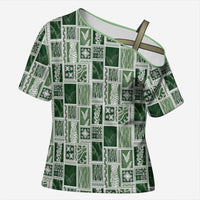 Vintage Aloha Block Quilt Cross Shoulder Shirt Green Inspired Lei Motifs LT9 Female Green - Polynesian Pride
