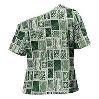 Vintage Aloha Block Quilt Cross Shoulder Shirt Green Inspired Lei Motifs LT9 - Polynesian Pride
