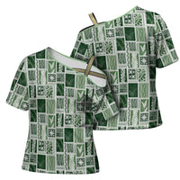 Vintage Aloha Block Quilt Cross Shoulder Shirt Green Inspired Lei Motifs LT9 - Polynesian Pride
