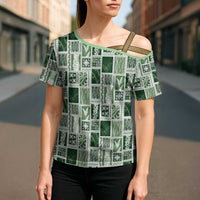 Vintage Aloha Block Quilt Cross Shoulder Shirt Green Inspired Lei Motifs LT9 - Polynesian Pride