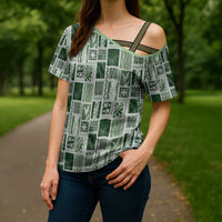 Vintage Aloha Block Quilt Cross Shoulder Shirt Green Inspired Lei Motifs - Polynesian Pride