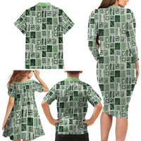 Vintage Aloha Block Quilt Family Matching Long Sleeve Bodycon Dress and Hawaiian Shirt Green Inspired Lei Motifs - Polynesian Pride