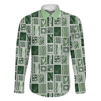 Vintage Aloha Block Quilt Family Matching Long Sleeve Bodycon Dress and Hawaiian Shirt Green Inspired Lei Motifs LT9 Dad's Shirt - Long Sleeve Green - Polynesian Pride