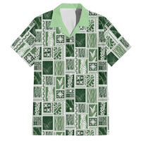 Vintage Aloha Block Quilt Family Matching Off The Shoulder Long Sleeve Dress and Hawaiian Shirt Green Inspired Lei Motifs - Polynesian Pride