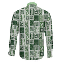 Vintage Aloha Block Quilt Family Matching Off The Shoulder Long Sleeve Dress and Hawaiian Shirt Green Inspired Lei Motifs - Polynesian Pride