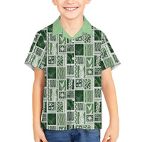 Vintage Aloha Block Quilt Family Matching Off The Shoulder Long Sleeve Dress and Hawaiian Shirt Green Inspired Lei Motifs - Polynesian Pride