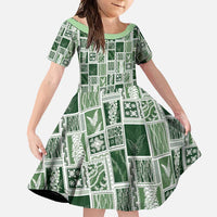 Vintage Aloha Block Quilt Family Matching Off Shoulder Maxi Dress and Hawaiian Shirt Green Inspired Lei Motifs - Polynesian Pride