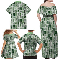 Vintage Aloha Block Quilt Family Matching Off Shoulder Maxi Dress and Hawaiian Shirt Green Inspired Lei Motifs - Polynesian Pride