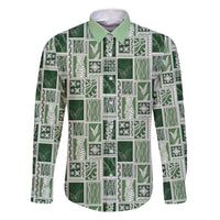 Vintage Aloha Block Quilt Family Matching Off Shoulder Maxi Dress and Hawaiian Shirt Green Inspired Lei Motifs - Polynesian Pride