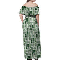 Vintage Aloha Block Quilt Family Matching Off Shoulder Maxi Dress and Hawaiian Shirt Green Inspired Lei Motifs - Polynesian Pride