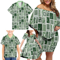 Vintage Aloha Block Quilt Family Matching Off Shoulder Short Dress and Hawaiian Shirt Green Inspired Lei Motifs - Polynesian Pride