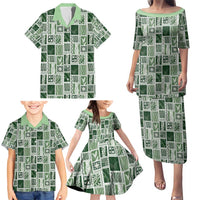 Vintage Aloha Block Quilt Family Matching Puletasi and Hawaiian Shirt Green Inspired Lei Motifs - Polynesian Pride