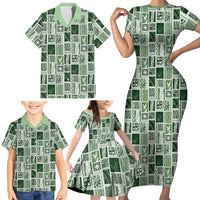 Vintage Aloha Block Quilt Family Matching Short Sleeve Bodycon Dress and Hawaiian Shirt Green Inspired Lei Motifs - Polynesian Pride