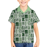 Vintage Aloha Block Quilt Family Matching Short Sleeve Bodycon Dress and Hawaiian Shirt Green Inspired Lei Motifs - Polynesian Pride