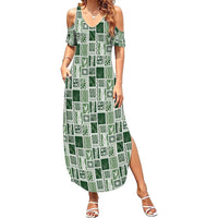 Vintage Aloha Block Quilt Family Matching Summer Maxi Dress and Hawaiian Shirt Green Inspired Lei Motifs - Polynesian Pride
