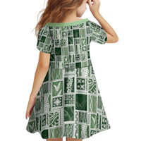 Vintage Aloha Block Quilt Kid Short Sleeve Dress Green Inspired Lei Motifs - Polynesian Pride
