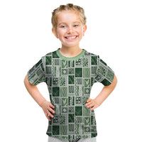 Vintage Aloha Block Quilt Kid T Shirt Green Inspired Lei Motifs LT9 Green - Polynesian Pride