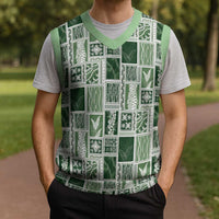 Vintage Aloha Block Quilt Christmas Knitted V-Neck Vest Green Inspired Lei Motifs - Polynesian Pride