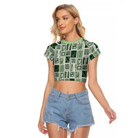 Vintage Aloha Block Quilt Raglan Cropped T Shirt Green Inspired Lei Motifs LT9 Female Green - Polynesian Pride