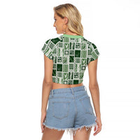 Vintage Aloha Block Quilt Raglan Cropped T Shirt Green Inspired Lei Motifs LT9 - Polynesian Pride