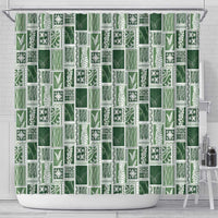 Vintage Aloha Block Quilt Shower Curtain Green Inspired Lei Motifs - Polynesian Pride