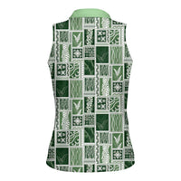 Vintage Aloha Block Quilt Women Sleeveless Polo Shirt Green Inspired Lei Motifs - Polynesian Pride