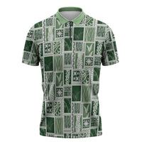 Vintage Aloha Block Quilt Zipper Polo Shirt Green Inspired Lei Motifs - Polynesian Pride