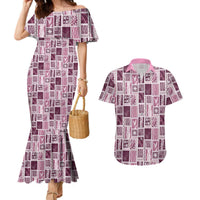 Vintage Aloha Block Quilt Couples Matching Mermaid Dress and Hawaiian Shirt Pink Inspired Lei Motifs - Polynesian Pride
