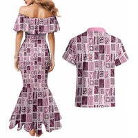 Vintage Aloha Block Quilt Couples Matching Mermaid Dress and Hawaiian Shirt Pink Inspired Lei Motifs - Polynesian Pride