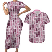 Vintage Aloha Block Quilt Couples Matching Short Sleeve Bodycon Dress and Hawaiian Shirt Pink Inspired Lei Motifs - Polynesian Pride